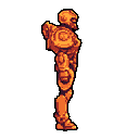 A retro-futuristic, heavily armored robot stands in profile, rendered in striking orange and dark purple pixel art. The segmented design hints at complex mechanical components, evoking classic science fiction imagery.