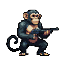 A pixelated chimpanzee stands ready, gripping a rifle in a defensive pose. The unusual image combines the wild with the weaponized, creating a tense and humorous scene.