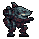 A formidable, pixelated shark-headed warrior stands ready for action in bulky armor. The creature's aggressive red eye and forward-reaching pose convey a sense of threat.