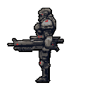 A heavily armored, futuristic soldier stands ready, weapon in hand, radiating militaristic stoicism with vibrant red accents highlighting the dark, metallic design.