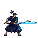 A pixel art warrior stands ready, wielding a glowing, icy blue polearm in a dynamic pose. The striking weapon and focused expression convey a sense of power and action against a simple teal backdrop.