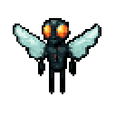 A pixel art image features a large, unsettling humanoid fly creature with striking orange eyes and translucent blue wings. The dark, stylized figure stands against a reddish-brown backdrop, creating a muted yet striking contrast.