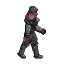 A heavily armored figure strides forward, its grey armor marred with ominous red details, suggesting damage or power leaks. This pixel art soldier, possibly robotic, evokes a sense of foreboding and action.