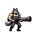 A muscular, anthropomorphic wolf warrior stands ready for action, wielding a futuristic weapon against a simple gray backdrop. The pixel art captures a tough, capable character poised for combat in a muted, earthy color palette.