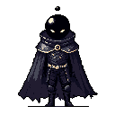 A mysterious, armored figure with glowing yellow eyes stands alone, radiating an ominous aura. The detailed pixel art features dark purples, blacks, and gold accents, highlighting the character's intricate armor and flowing cape.