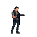 A pixel art character stands ready, firearm in hand, radiating a determined intensity. The muted color palette and pose evoke classic action vibes.