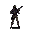 A pixel art soldier stands ready, clad in tactical gear and gripping a rifle against a dark backdrop. The muted color palette and focused pose evoke a sense of preparedness and potential danger.