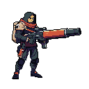 A lone, gritty sci-fi operative is rendered in striking pixel art, clutching a futuristic weapon and sporting an orange scarf. The figure, armored and ready for action, exudes a sense of preparedness and danger against a stark black background.