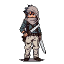 A hooded, pixel-art adventurer with a curious gaze stands ready, a large dagger clutched in hand and a smaller knife sheathed at their hip. The character's practical attire and muted color palette evoke a sense of quiet readiness.