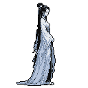 This pixel art portrays a graceful woman in East Asian attire, her elegant silhouette and flowing hair rendered in cool tones against a stark black backdrop, evoking a sense of serene melancholy.