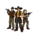 A trio of pixelated western adventurers stand ready, armed and posed for action. The central figure, a confident gunslinger, leads the group, evoking a sense of camaraderie and preparedness in a retro, old-west style.