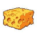 This pixel art image showcases a single, appetizing block of Swiss cheese rendered in warm yellows and oranges. The tilted perspective and detailed holes give this cheesy still life a charming, nostalgic feel against a stark black background.