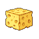 A pixelated block of cheese, rendered in warm yellows and oranges with characteristic holes, floats playfully in a void. Its jagged edges suggest a delicious, slightly imperfect cut.