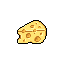 A playful, pixelated wedge of Swiss cheese, riddled with darker golden holes, stands out against a stark black background. The simple design and warm colors give this cheesy creation a cartoonish charm.