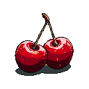 This pixel art image showcases a pair of ripe cherries, their vibrant reds popping against a stark black background. The simple yet elegant composition highlights the fruit's natural beauty and creates a feeling of classic luxury.