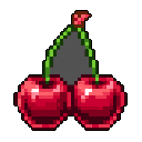 A vibrant pixel art image showcases two bright red cherries connected by green stems, their simple design evoking retro nostalgia. The pair pops against the stark black background, creating a clean and iconic still life.
