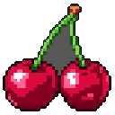 This pixel art depicts a pair of vibrant red cherries with green stems, reminiscent of a classic video game power-up icon. The simple, high-contrast design uses shading and highlights to give the fruit a glossy, 3D appearance.