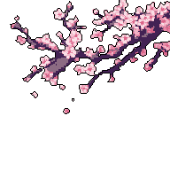 A pixel art image showcases a blooming cherry blossom branch against a stark black background, with delicately rendered pink flowers and falling petals evoking a peaceful, transient beauty.
