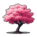A solitary cherry blossom tree bursts with vibrant pink blooms, its beauty emphasized against a stark black background. The pixel art image captures the serene and iconic essence of spring's fleeting beauty.