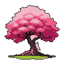 A pixel art image showcases a vibrant cherry blossom tree with a white cat perched among its pink blossoms. The serene scene is set against a stark black background, emphasizing the tree's beauty and whimsical charm.