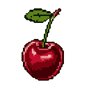 A single, ripe cherry, rendered in detailed pixel art, pops against a stark black background. Lush reds and earthy greens create a vibrant, nostalgic feel, highlighting the fruit's simple beauty.