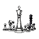 This pixel art depicts a minimalist arrangement of white chess pieces, led by a glowing King, poised against barely visible dark counterparts on a stark black background. The image evokes a sense of strategic tension and quiet power, hinting at an impending conflict.