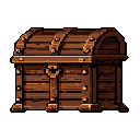 A pixelated wooden treasure chest, complete with metal straps and a secure latch, sits mysteriously on a black backdrop, hinting at untold riches within.