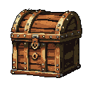 This pixel art depicts an ornate, weathered treasure chest, brimming with the promise of hidden riches and adventure. Its detailed wooden construction and metallic fittings evoke a sense of mystery and anticipation.