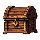 This pixel art image features a detailed, locked wooden treasure chest rendered in earthy tones, hinting at mystery and hidden riches. The aged wood and metal details evoke a sense of adventure and the potential for valuable contents within.
