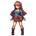 This pixel art showcases a confident woman with flowing hair, dressed in teal and brown, ready for adventure. Her inquisitive gaze and detailed attire, including a satchel, hint at a fantasy or steampunk setting. She stands against a stark black backdrop, emphasizing her determined presence.