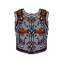 This pixel art showcases a detailed, dark metallic breastplate with ornate embellishments and brown leather straps, reminiscent of classic RPG item icons. The intricate design and subtle highlights give it a powerful, handcrafted feel.