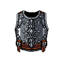 This pixel art showcases a meticulously crafted fantasy breastplate, rendered in detailed shades of grey and brown. The ornate design and strong contrast evoke a sense of powerful protection, perfect for any adventurer's inventory.