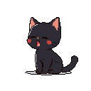 This pixel art features a cute, sleepy black cat mid-yawn, complete with pink blushes and ear accents. The charming image evokes a feeling of peaceful contentment.