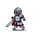 A pixel art knight in full plate armor, red cape flowing, strides purposefully forward with sword in hand, evoking a sense of classic medieval adventure. The stoic figure is ready for action.