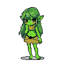 This pixel art features a cute, green-skinned girl with pointed ears, possibly an elf or goblin, striking a shy pose. Her large, innocent eyes and simple clothing add to her whimsical charm, drawing the viewer's attention to her endearing character.