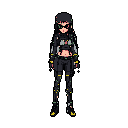 This pixel art image features a stylish woman in a dark, tactical-inspired suit with vibrant green sunglasses, creating a futuristic and intriguing vibe. The high-contrast color scheme and retro aesthetic add a unique layer to the mysterious figure.