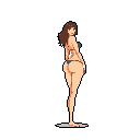 This pixel art features a woman in a blue bikini looking playfully over her shoulder. The simple design and warm palette create a flirtatious and inviting vibe.