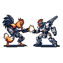 A retro-style pixel art image shows two rooster-headed, armored warriors locked in combat, firing energy blasts at each other. The symmetrical composition and vibrant rooster features against metallic armor create a striking and humorous clash.