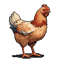 A pixelated hen, rendered in warm earthy tones, stands alert against a stark black backdrop, its detailed plumage evoking a sense of nostalgia and naturalistic calm. The image highlights the chicken's form with subtle shading and a vibrant red comb, creating a dignified and enduring presence.