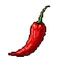 A vibrant red chili pepper, rendered in pixel art, pops against a stark black background. The simple yet striking image captures the pepper's dynamic curve with bold color and graphic style.