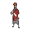 This pixel art portrays a dignified soldier or authority figure in profile, holding a scroll or baton and adorned with an elaborate hat. The figure's formal posture and muted red and gold color scheme evoke a sense of duty and stoicism.