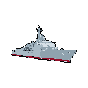 This pixel art showcases a modern naval warship in profile, its angular design and muted colors evoking a sense of stark military power. The red waterline stripe provides a striking accent against the grayscale palette, highlighting the ship's imposing form.