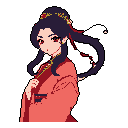 A pixel art portrait captures a demure woman in an ornate coral and gold kimono, her dark hair adorned with floral accents. Her striking red eyes and subtle expression create an air of quiet elegance and enigmatic charm. The pure black background ensures all attention is drawn to her.