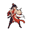 A fierce, pixelated warrior in traditional garb is caught mid-action, fan unfurled, ready for battle. Her intense gaze and dynamic pose suggest a powerful display of skill, rendered in a striking red and dark brown color palette against a stark black background.