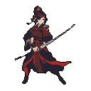 A pixel art warrior stands poised against a black backdrop, ready for action with a drawn blade. Her intricate red-accented robes and determined expression evoke a sense of ancient martial prowess.