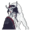 A striking pixel art image depicts a dual-faced entity: a stoic, horned demon with flowing white hair sharing a body with a mischievous, red-eyed spirit. The stark contrast of cool tones and vibrant red accents against the black background creates a mysterious and slightly unsettling portrait.