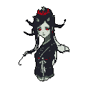 This pixel art bust features a melancholic, gothic-inspired woman with striking red eyes and subtle demonic features. Rendered in a muted palette of grays and blacks, the vibrant red accents create a captivating and mysterious portrait.