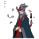 This pixel art portrait depicts an elderly sage or ruler, lost in quiet contemplation. The detailed character, with his long beard and intricate headwear, exudes wisdom and gravity against a stark black background.