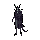 A tall, skeletal figure with glowing eyes and curving horns stands cloaked in tattered robes, radiating an ominous and otherworldly presence. The dark color palette and stark white eyes amplify the mysterious and unsettling vibe of this enigmatic character.