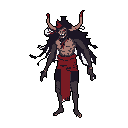 This pixel art depicts an imposing, grotesque humanoid creature with menacing grin, large horns, and tattered garb. The figure's dark, earthy tones are punctuated by striking red accents, creating an ominous and primal vibe.